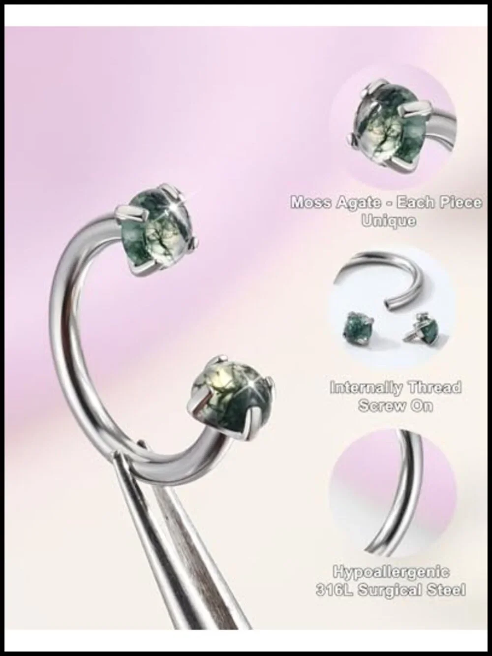2pc 16G Surgical Steel Horseshoe Lip Ring with Cubic Zirconia - Internally